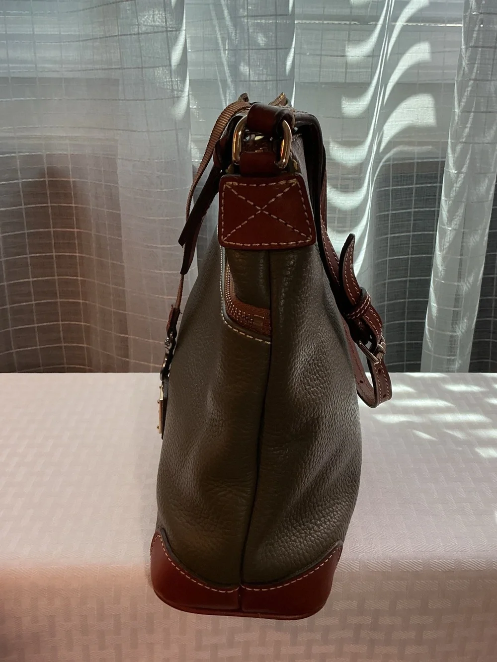 Dooney & Burke Olive Green Pebbled Leather Tassel Crossbody/Shoulder Bag